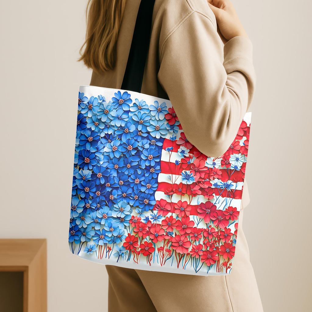 American Flag Floral Tote Bag Patriotic Wildflower Design 4th of July Gift