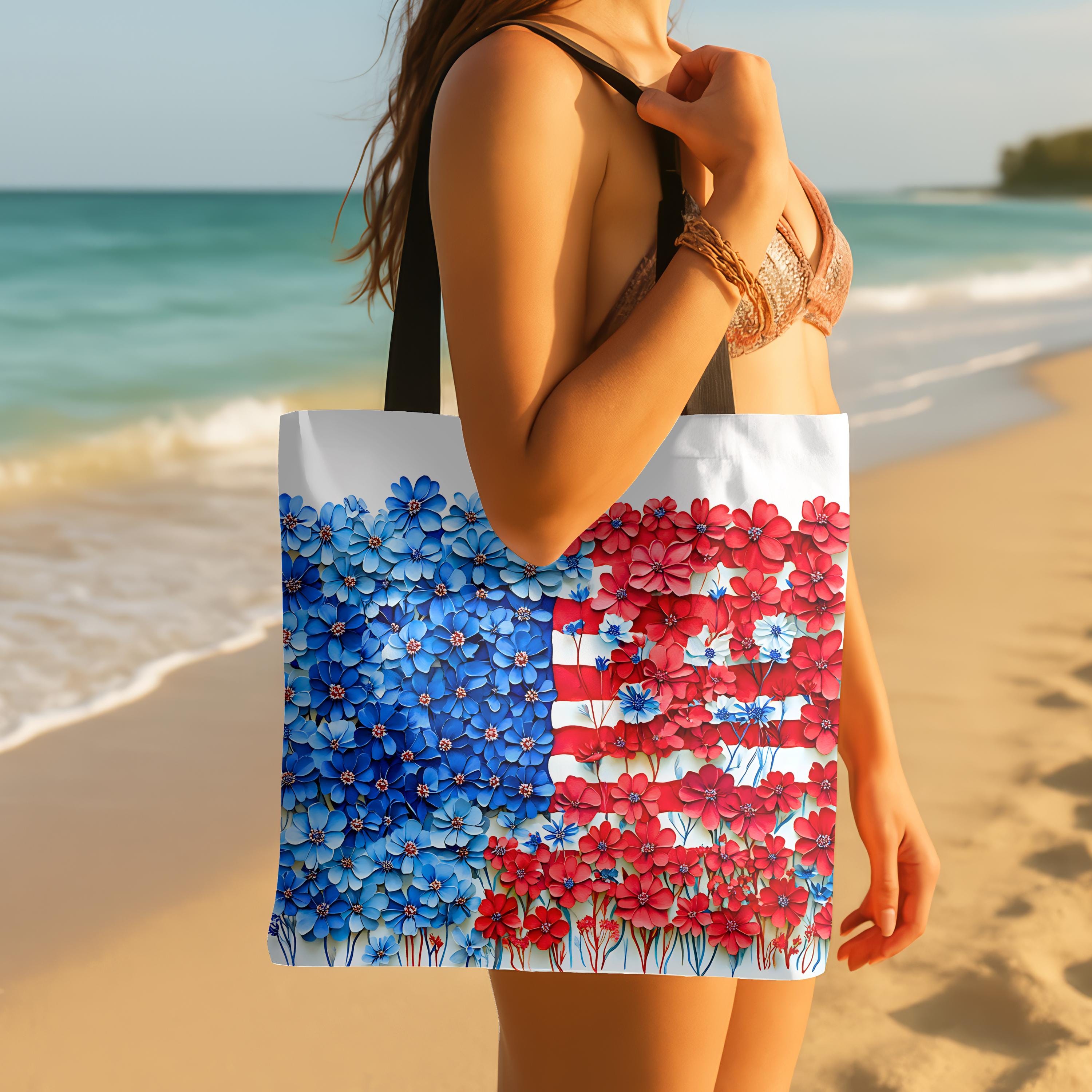 American Flag Floral Tote Bag Patriotic Wildflower Design 4th of July Gift