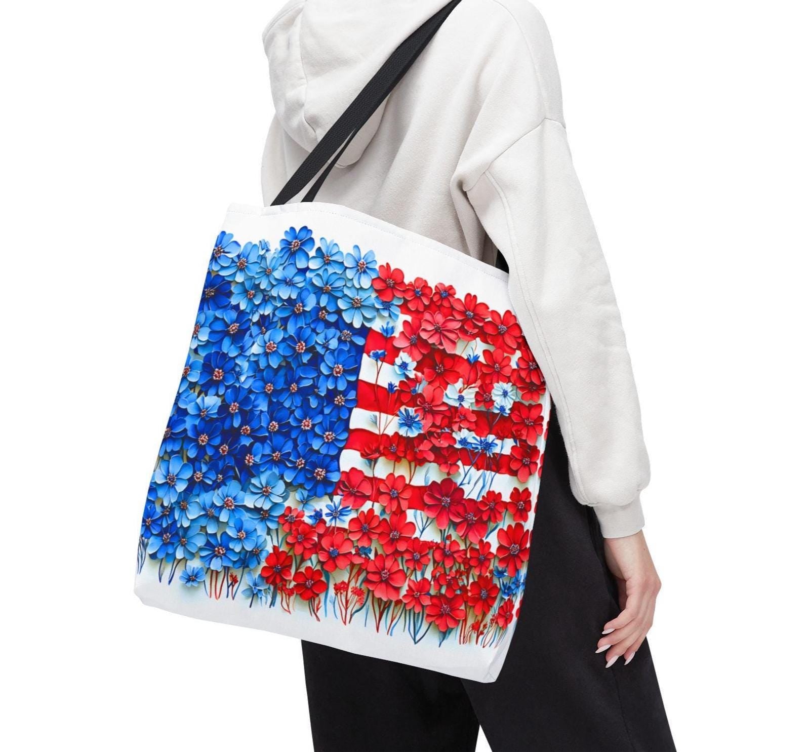 American Flag Floral Tote Bag Patriotic Wildflower Design 4th of July Gift