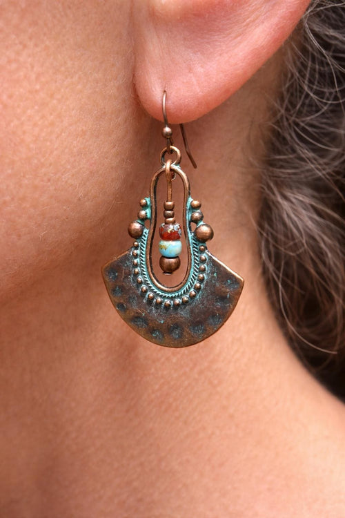 BohoWrapFrancesca Boho Copper Patina Dangle Earrings Turquoise Blue