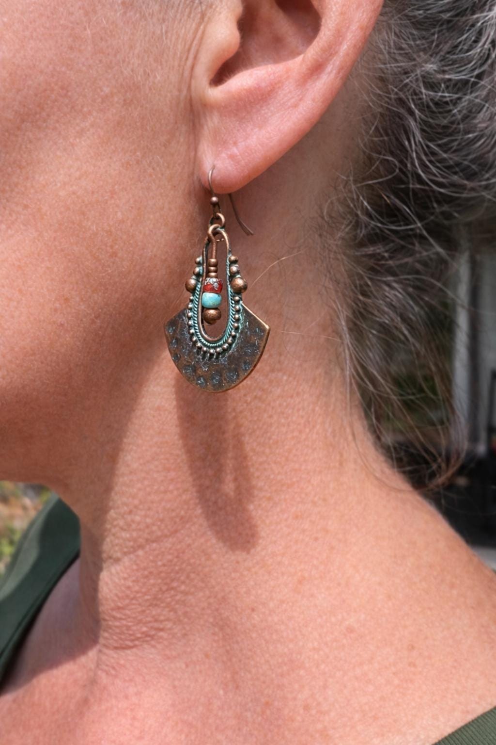 BohoWrapFrancesca Boho Copper Patina Dangle Earrings Turquoise Blue