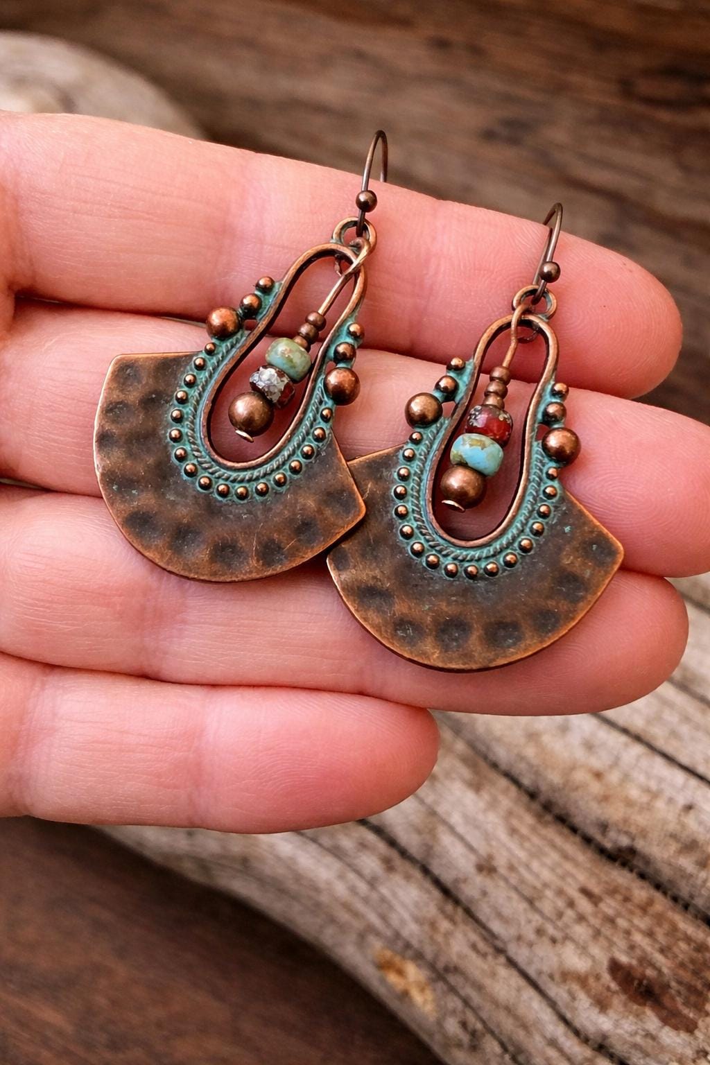 BohoWrapFrancesca Boho Copper Patina Dangle Earrings Turquoise Blue
