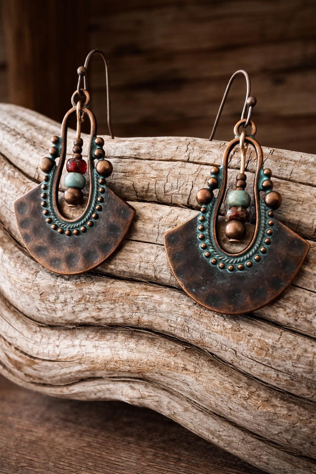 BohoWrapFrancesca Boho Copper Patina Dangle Earrings Turquoise Blue