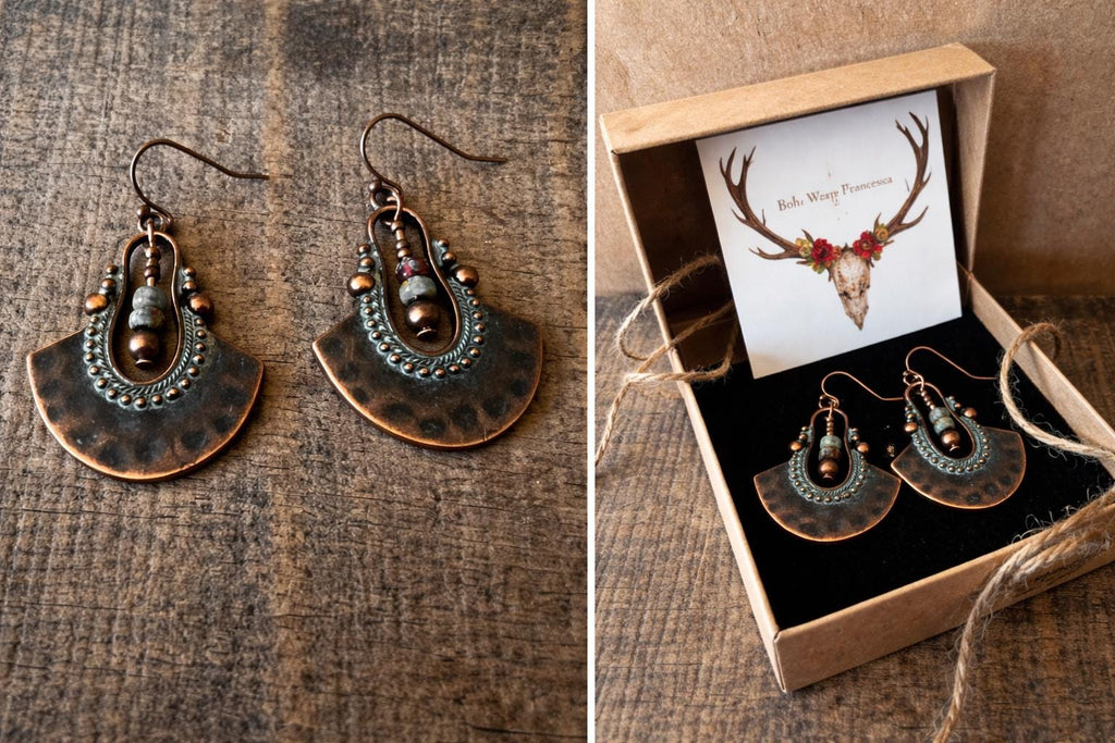 BohoWrapFrancesca Boho Copper Patina Dangle Earrings Turquoise Blue