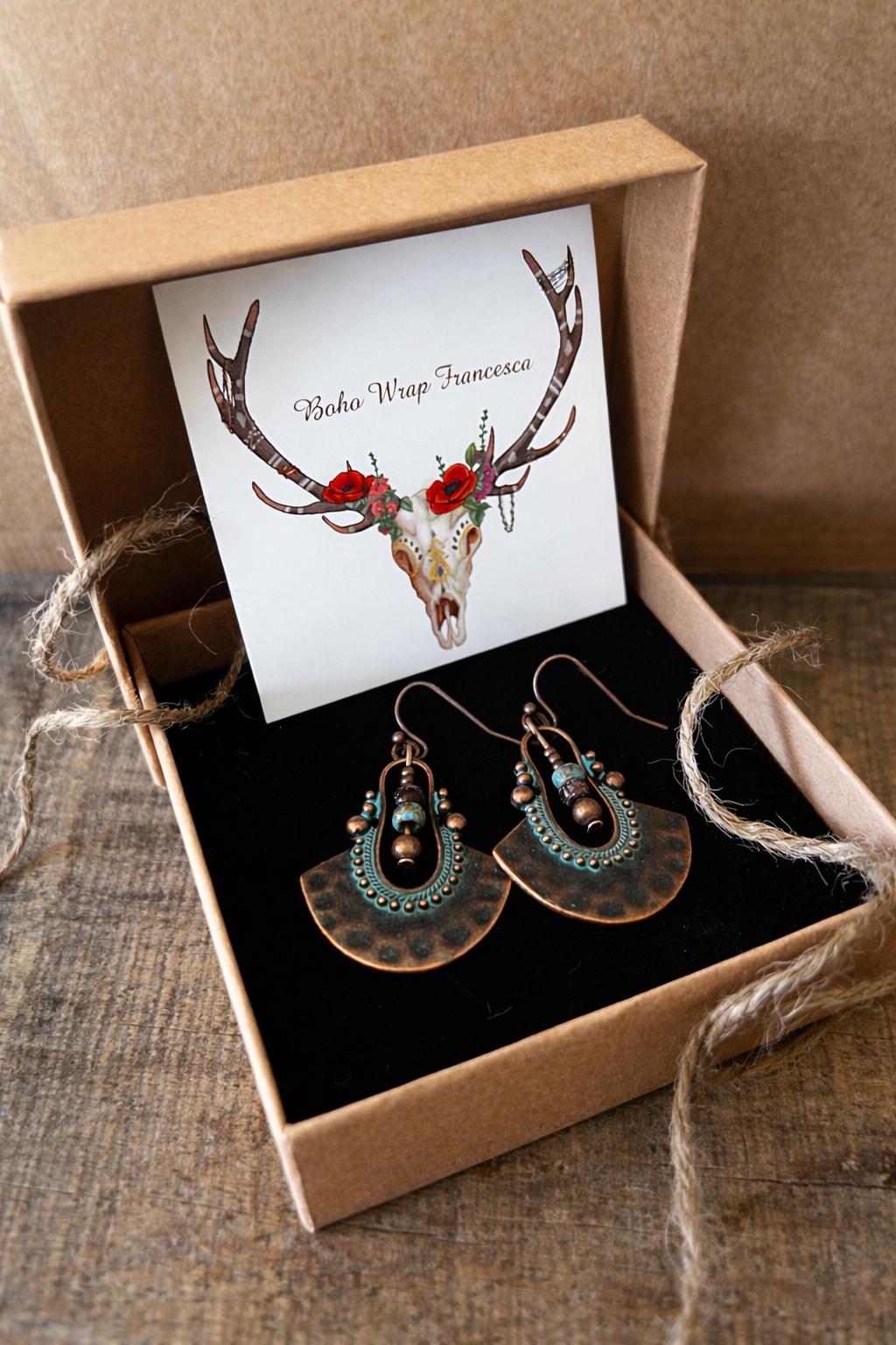 BohoWrapFrancesca Boho Copper Patina Dangle Earrings Turquoise Blue