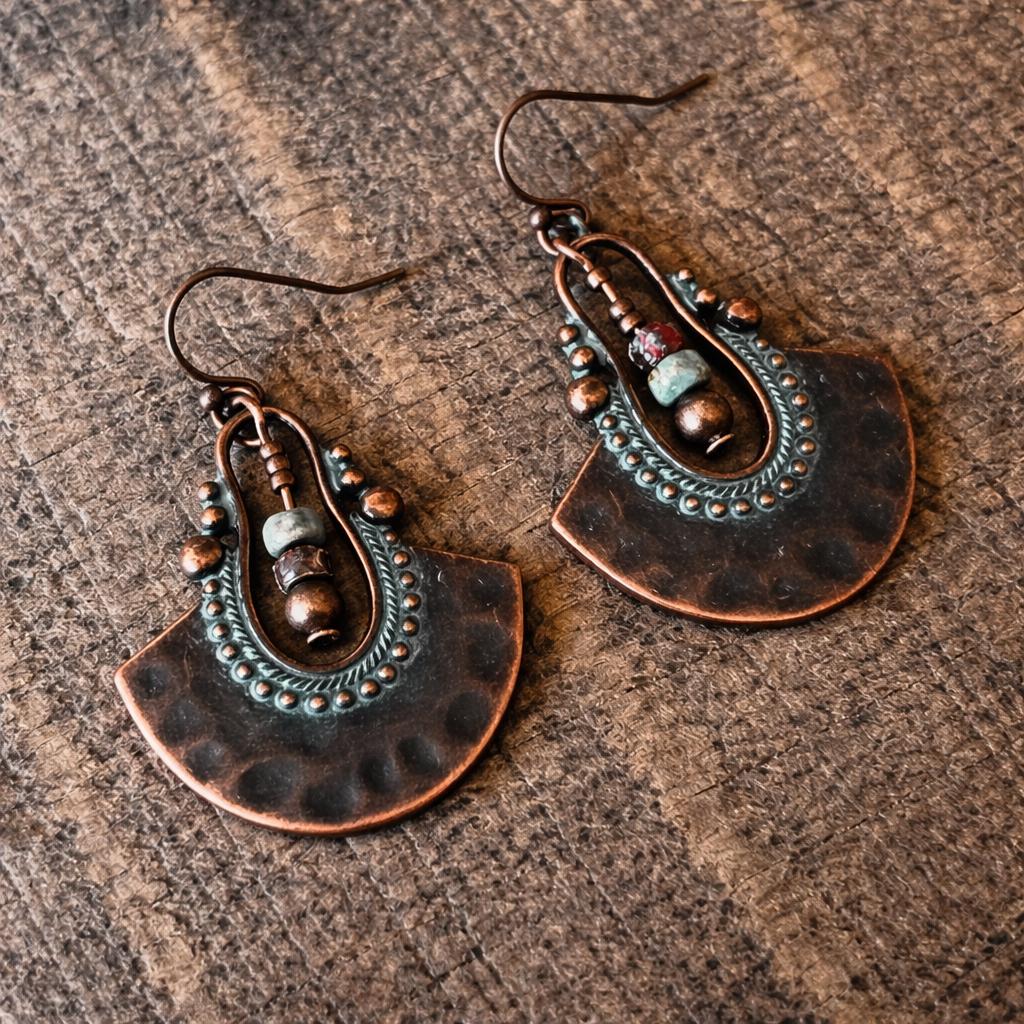 BohoWrapFrancesca Boho Copper Patina Dangle Earrings Turquoise Blue