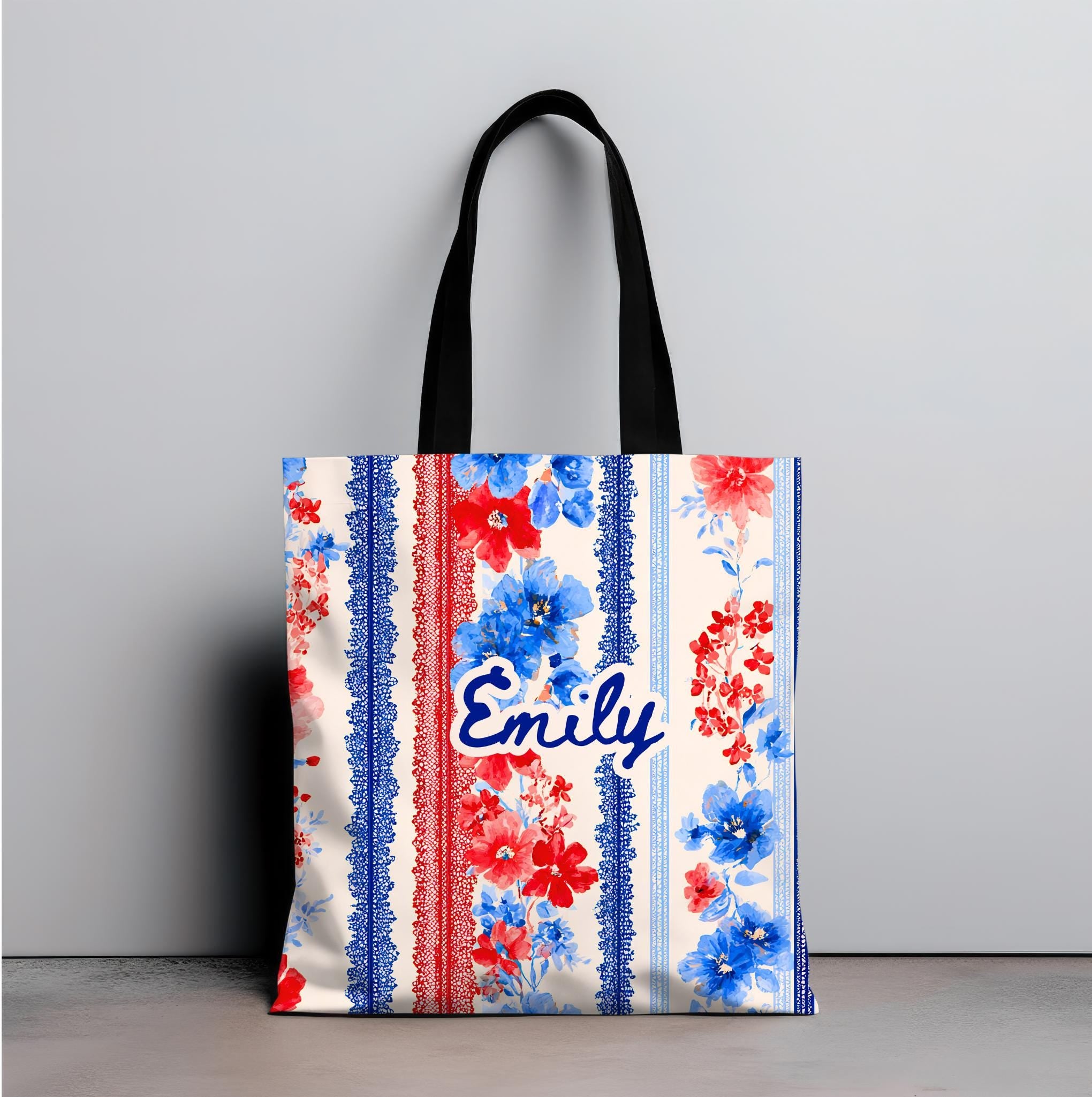 Personalized Floral Tote Bag Red White Blue Custom Patriotic Gift