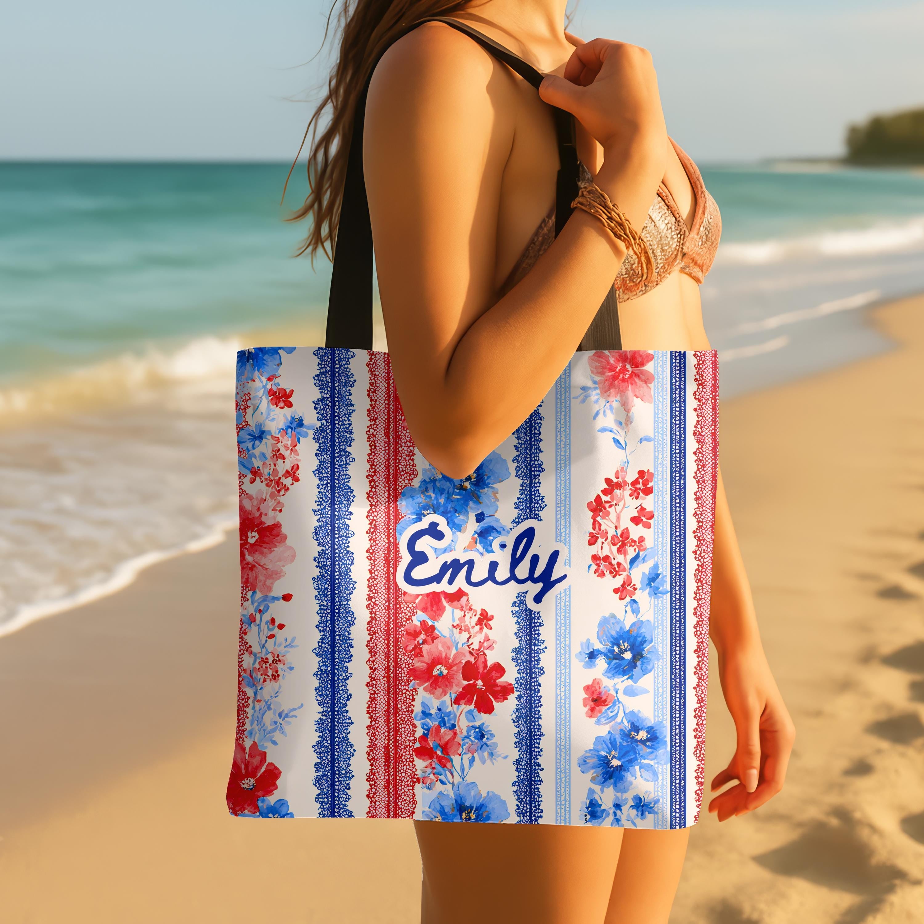 Personalized Floral Tote Bag Red White Blue Custom Patriotic Gift