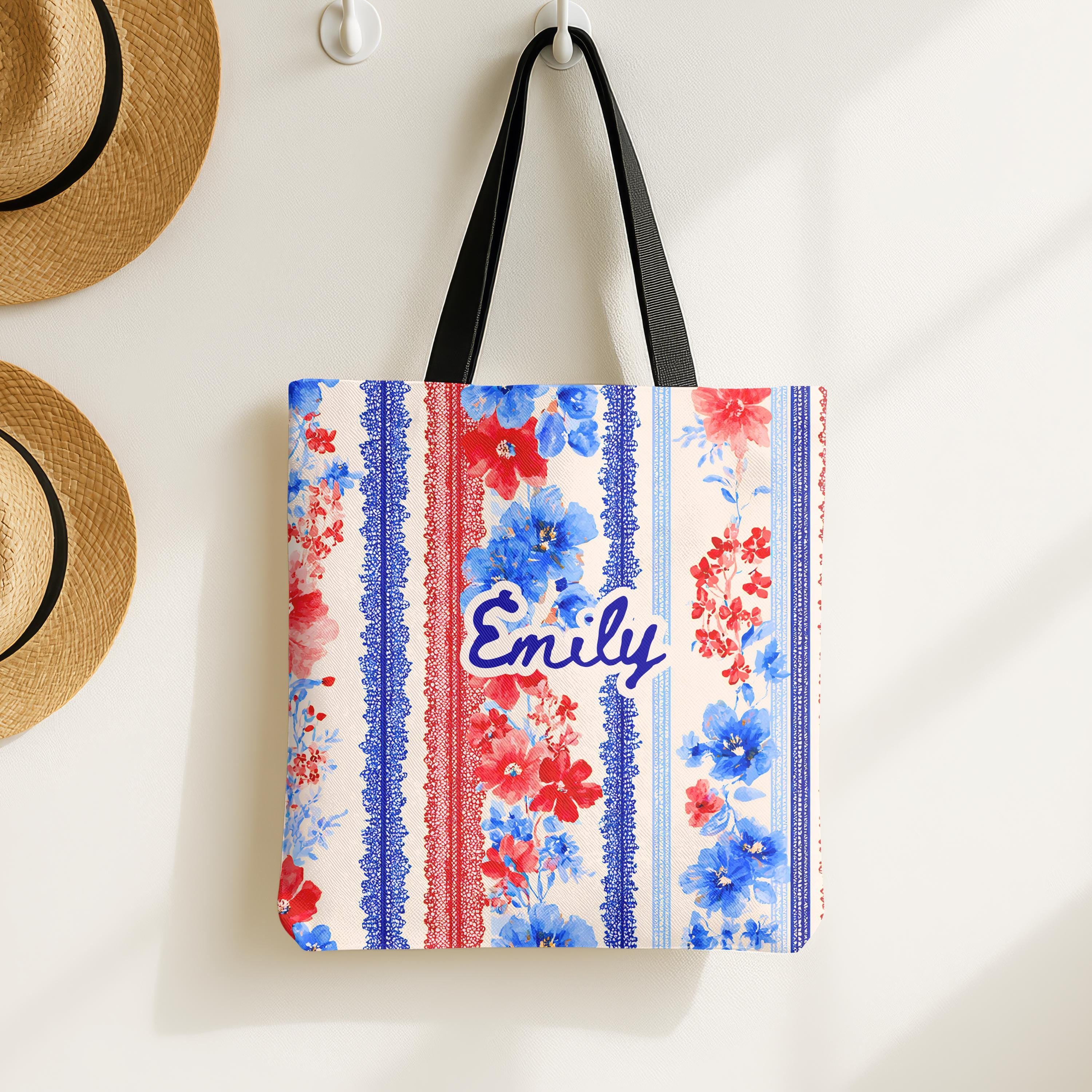 Personalized Floral Tote Bag Red White Blue Custom Patriotic Gift