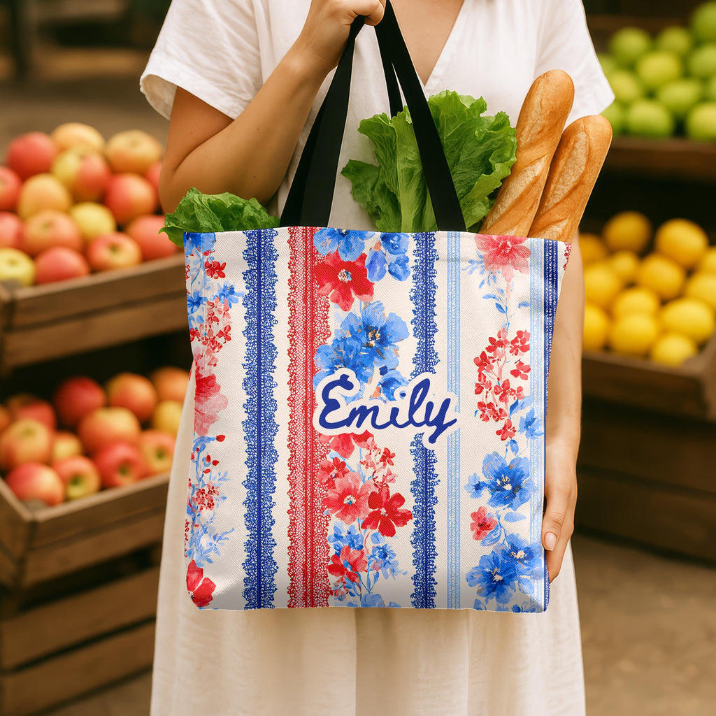 Personalized Floral Tote Bag Red White Blue Custom Patriotic Gift