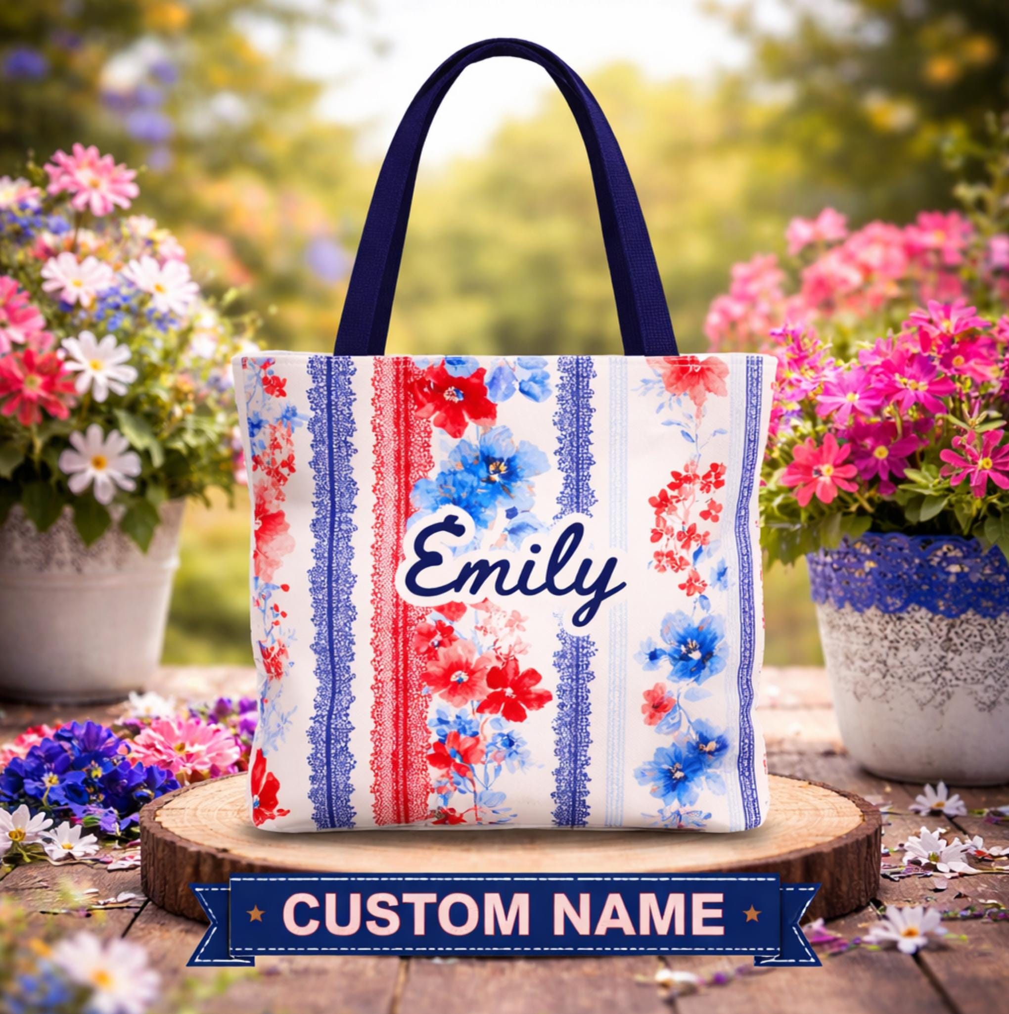 Personalized Floral Tote Bag Red White Blue Custom Patriotic Gift