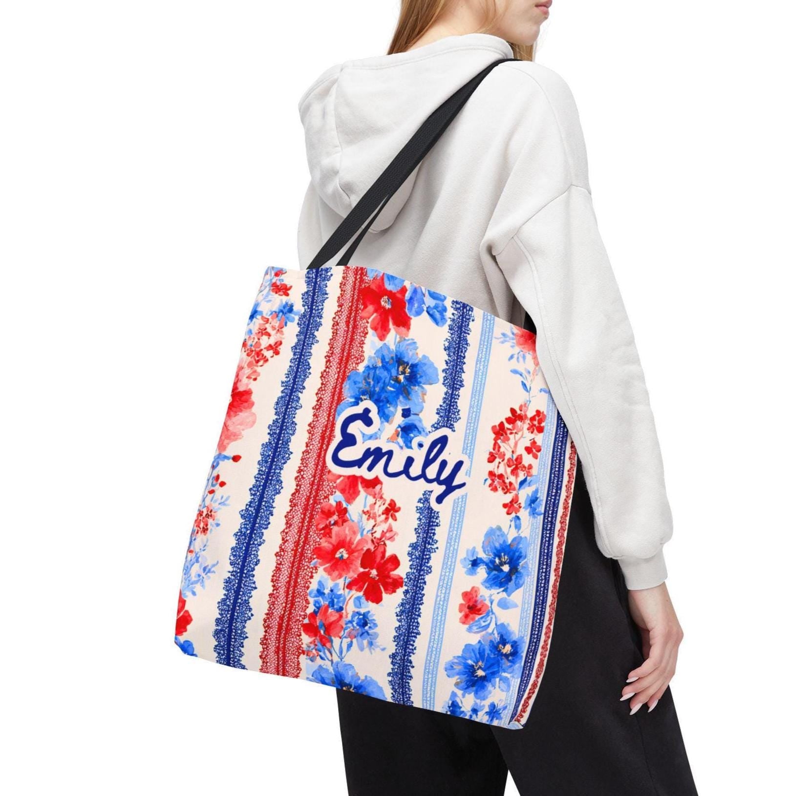 Personalized Floral Tote Bag Red White Blue Custom Patriotic Gift