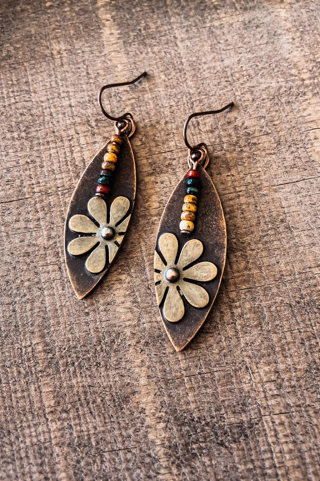 BohoWrapFrancesca Rustic Copper Flower Dangle Earrings Beaded Jewelry
