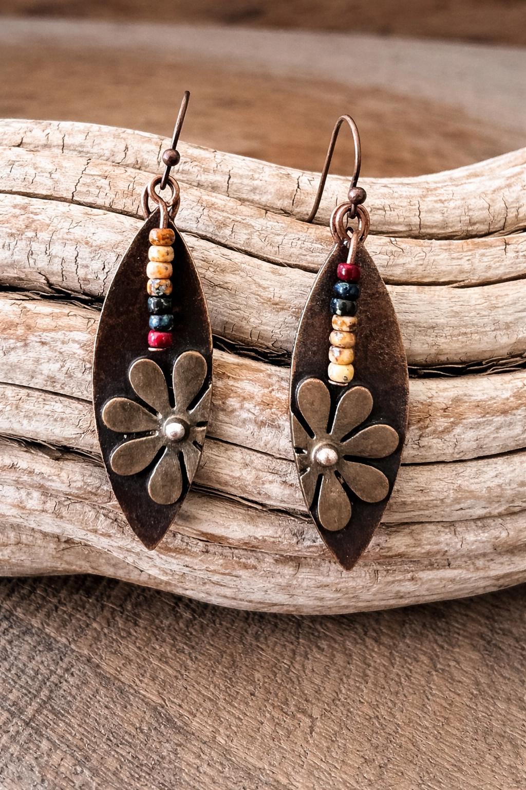 BohoWrapFrancesca Rustic Copper Flower Dangle Earrings Beaded Jewelry