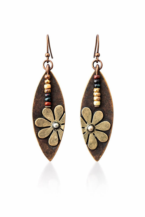 BohoWrapFrancesca Rustic Copper Flower Dangle Earrings Beaded Jewelry