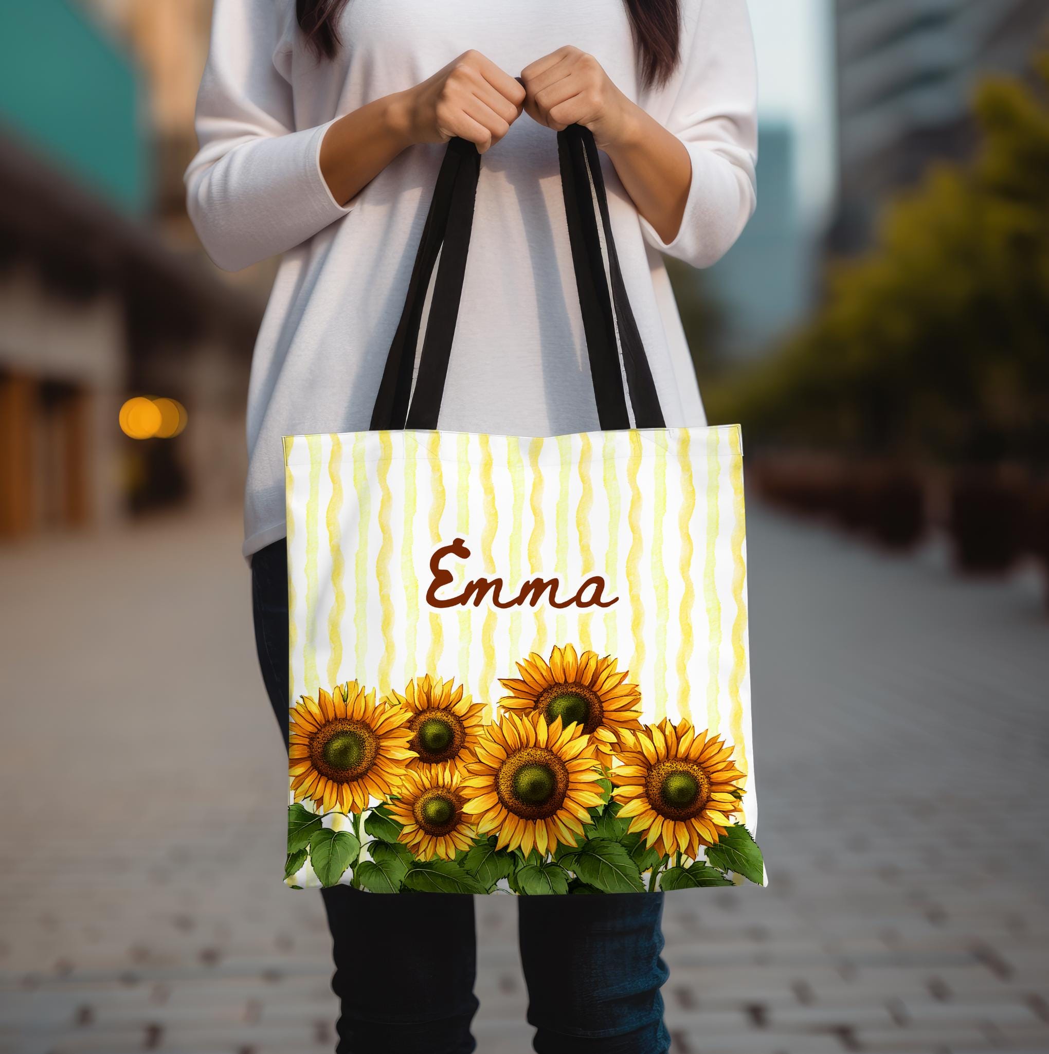 Personalized Sunflower Tote Bag with Custom Name, Yellow Floral Tote