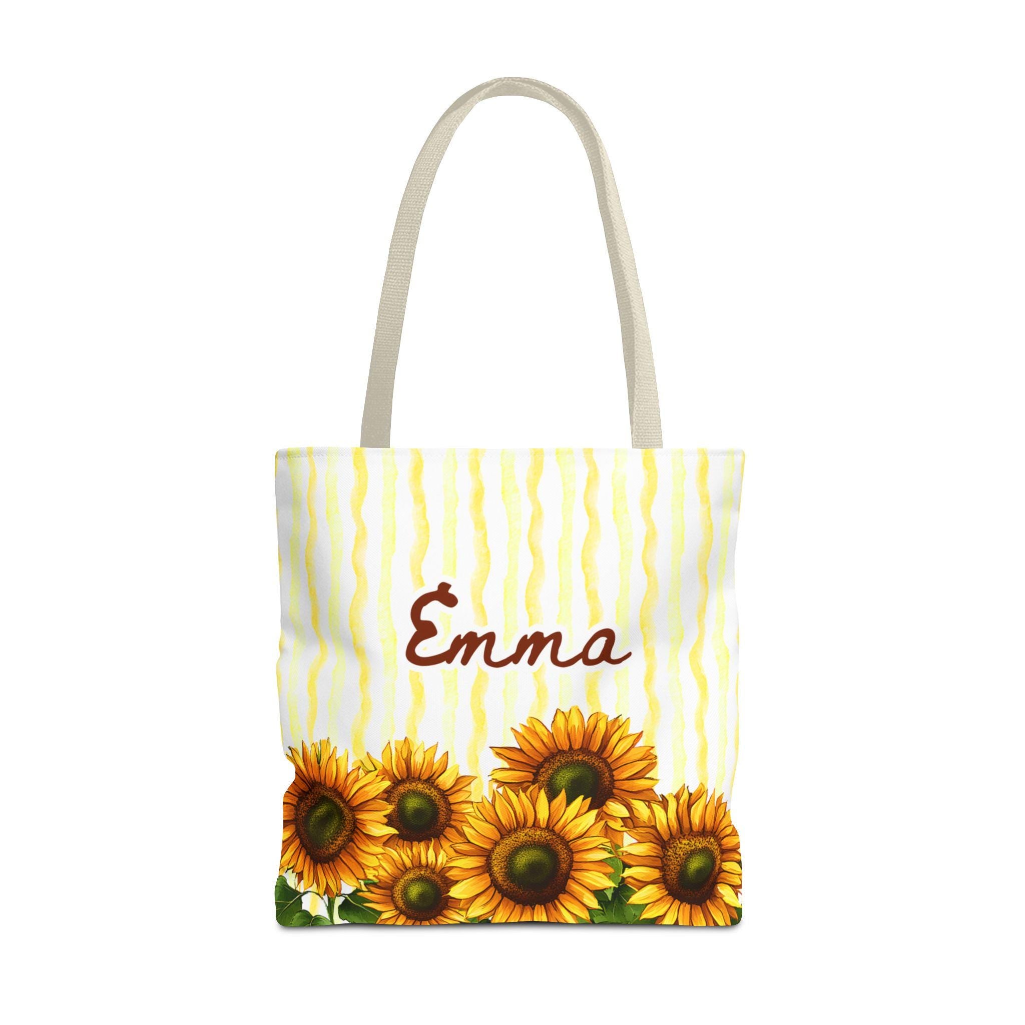 Personalized Sunflower Tote Bag with Custom Name, Yellow Floral Tote