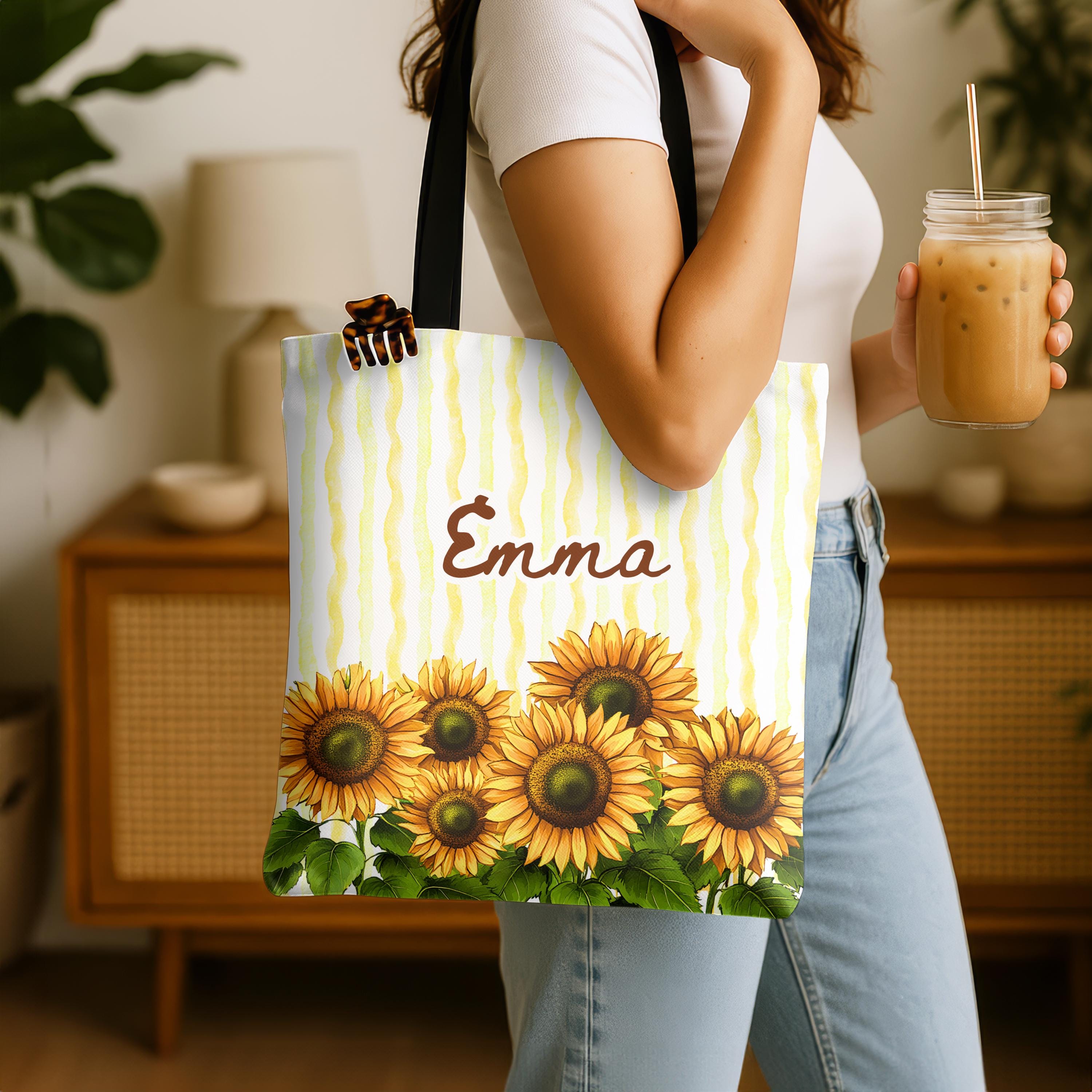 Personalized Sunflower Tote Bag with Custom Name, Yellow Floral Tote