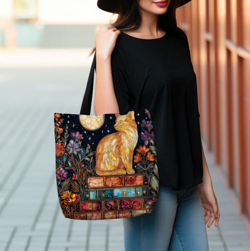 Celestial Cat Bookshelf Tote Bag Bookish Floral Reading Cozy