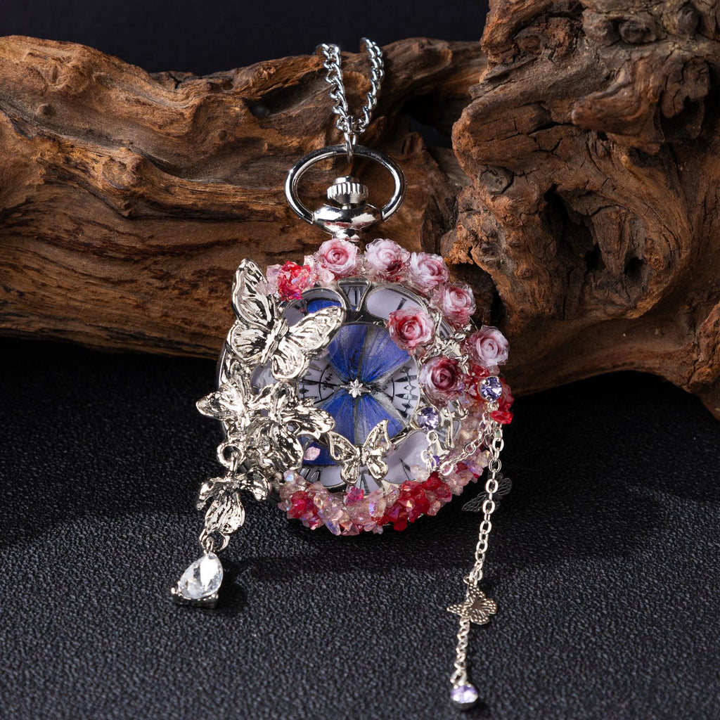 Oryeia Handmade Pocket Watch With Real Blue Morpho Butterfly Specimen