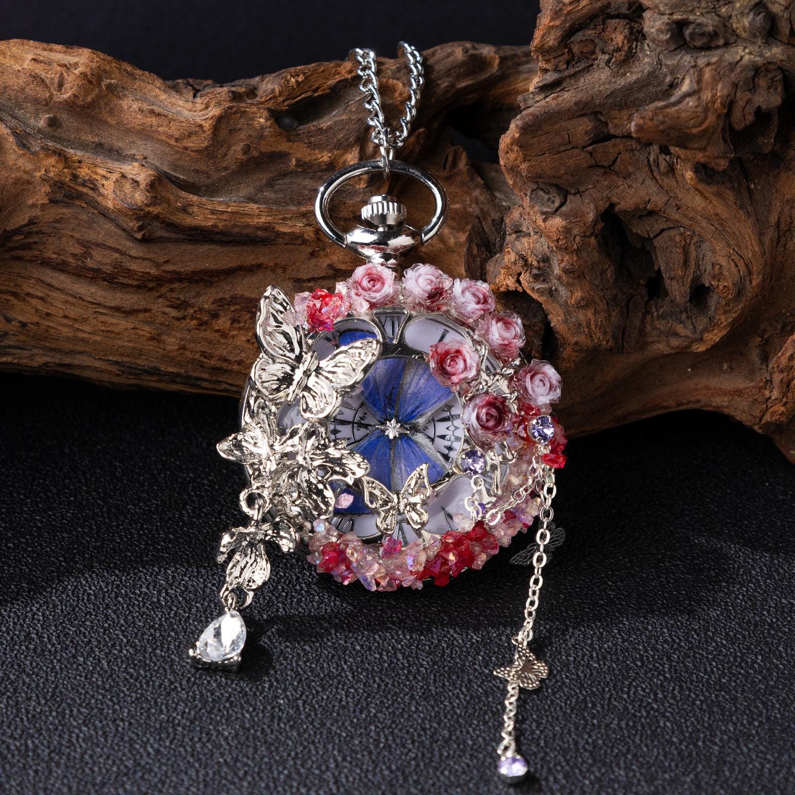 Oryeia Handmade Pocket Watch Real Butterfly Specimen Pink Rose