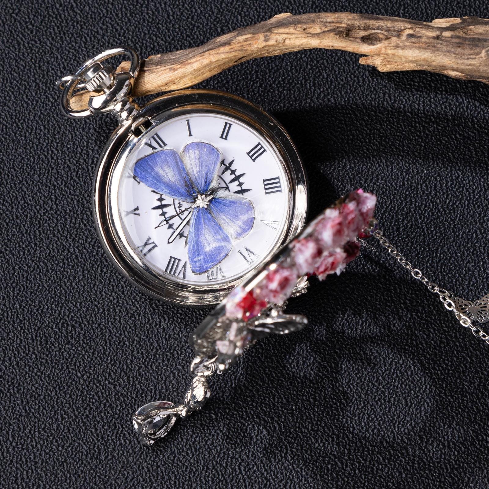 Oryeia Handmade Pocket Watch Real Butterfly Specimen Pink Rose