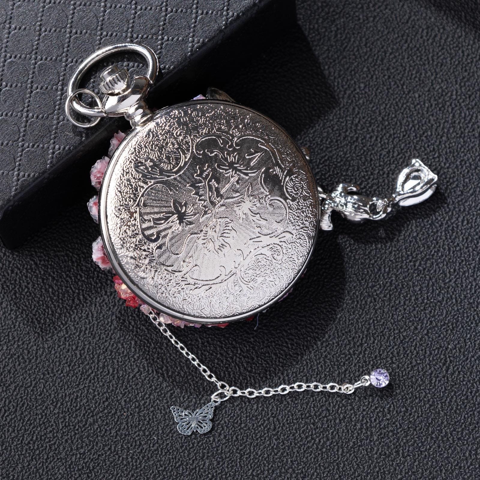 Oryeia Handmade Pocket Watch Real Butterfly Specimen Pink Rose