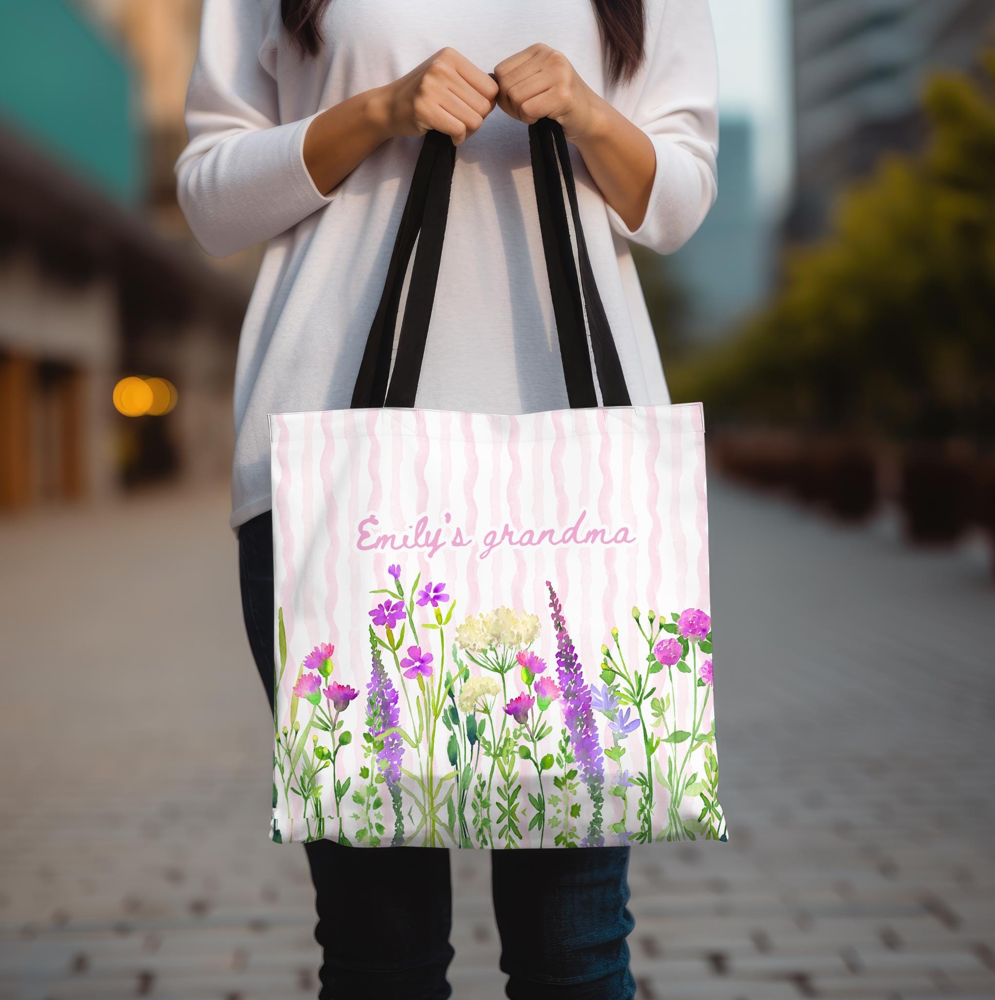 Personalized Grandma Floral Tote Bag Custom Name Wildflower Mother's Day Gift