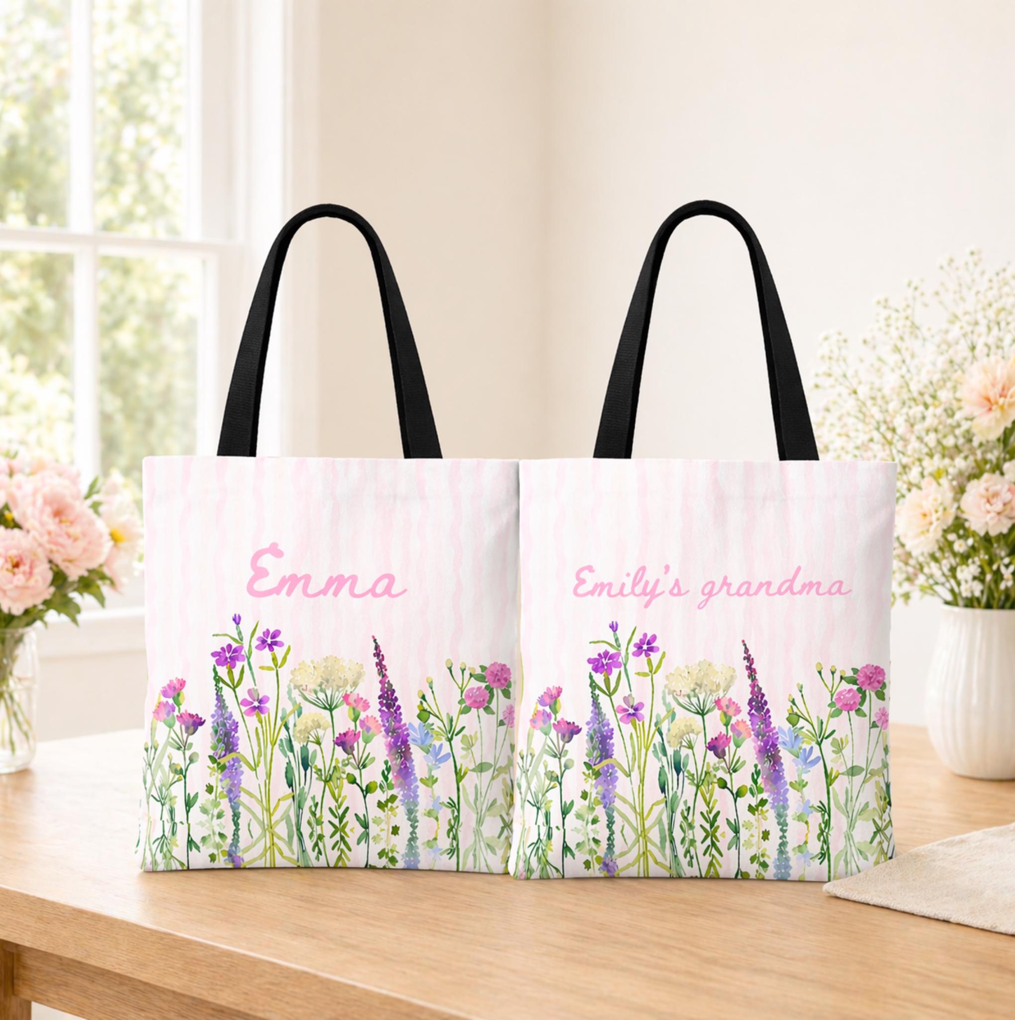 Personalized Grandma Floral Tote Bag Custom Name Wildflower Mother's Day Gift