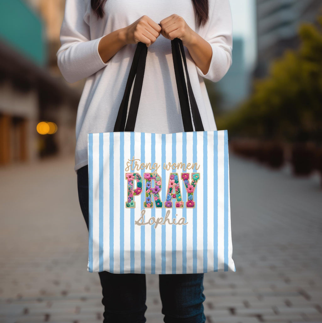 Personalized Christian Tote Bag Strong Women Pray, Floral Faith Gift for Women, Custom Name
