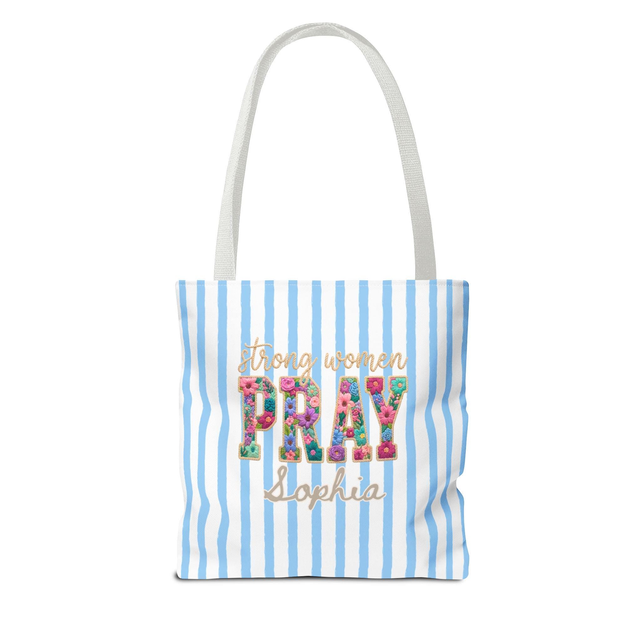 Personalized Christian Tote Bag Strong Women Pray, Floral Faith Gift for Women, Custom Name