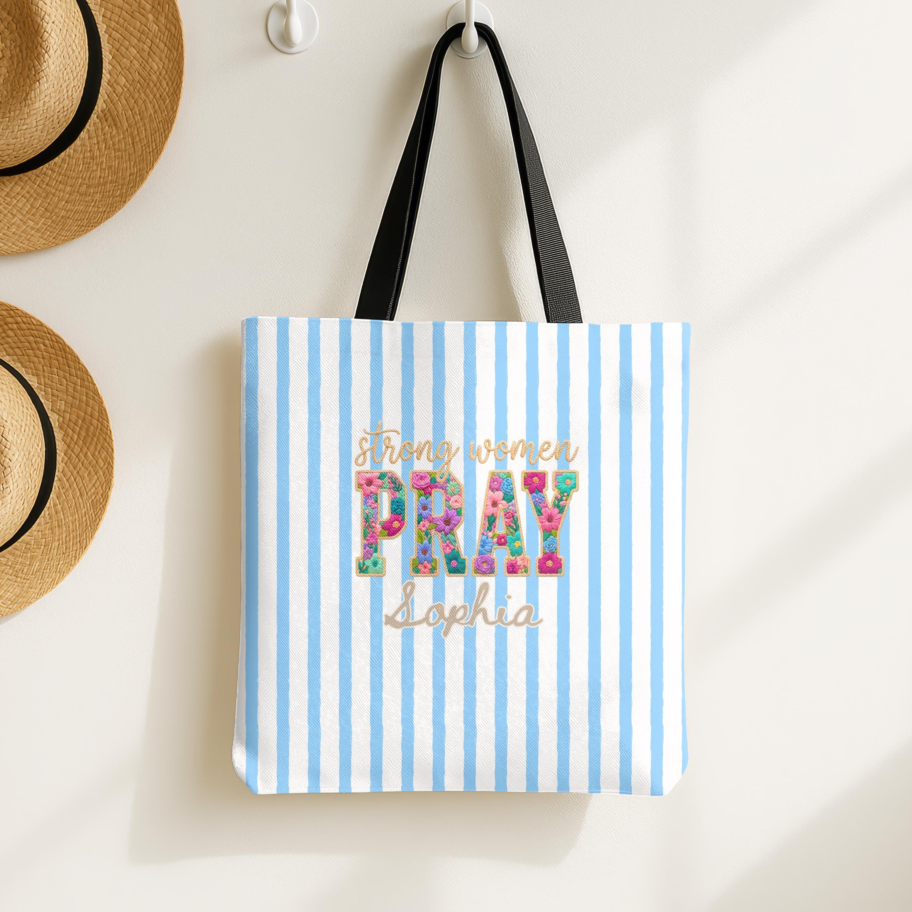 Personalized Christian Tote Bag Strong Women Pray, Floral Faith Gift for Women, Custom Name