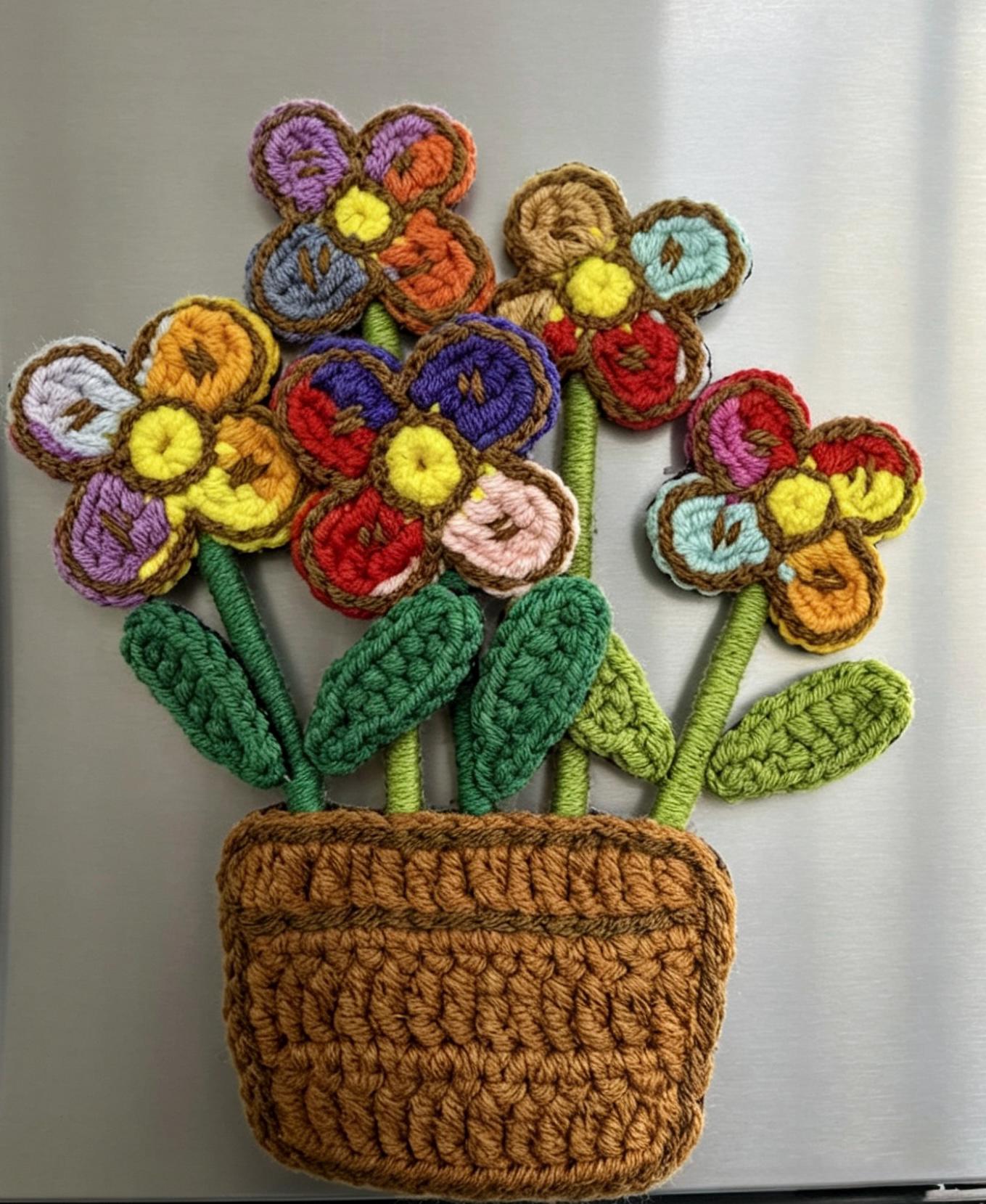 CrochetRecipe Handmade Crochet Plant Fridge Refrigerator Magnets Mini Potted Flower 3in