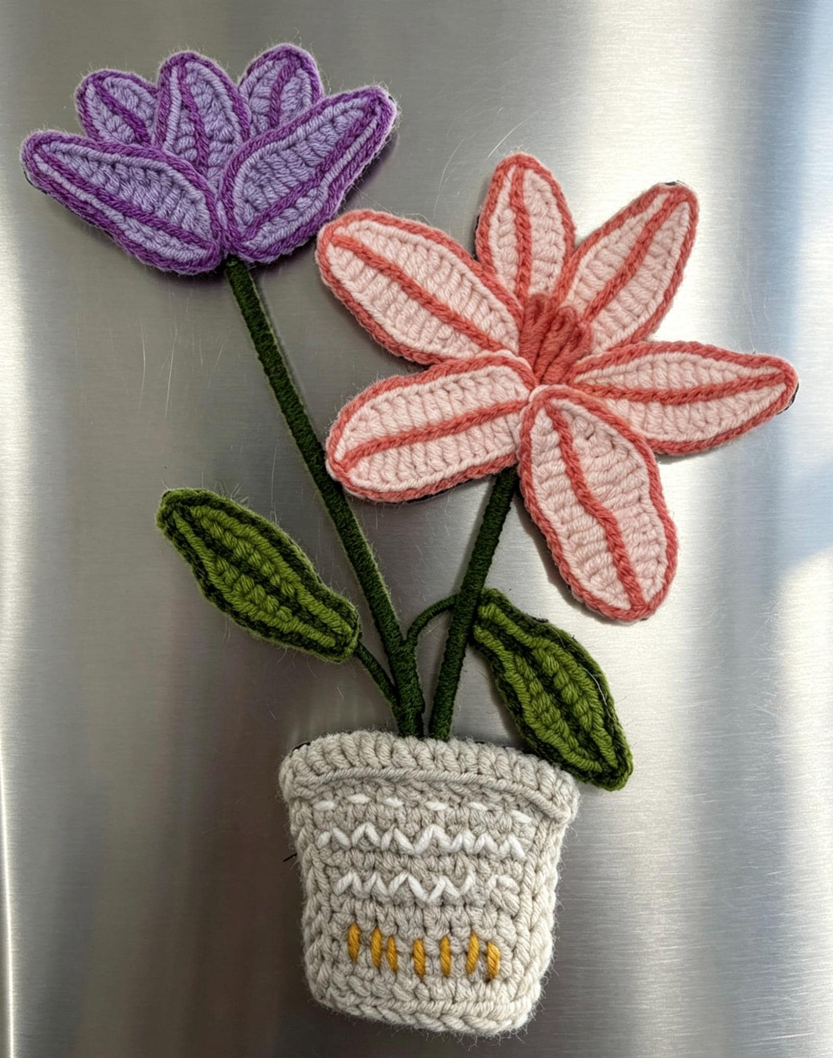 CrochetRecipe Handmade Crochet Plant Fridge Refrigerator Magnets Mini Potted Flower 3in