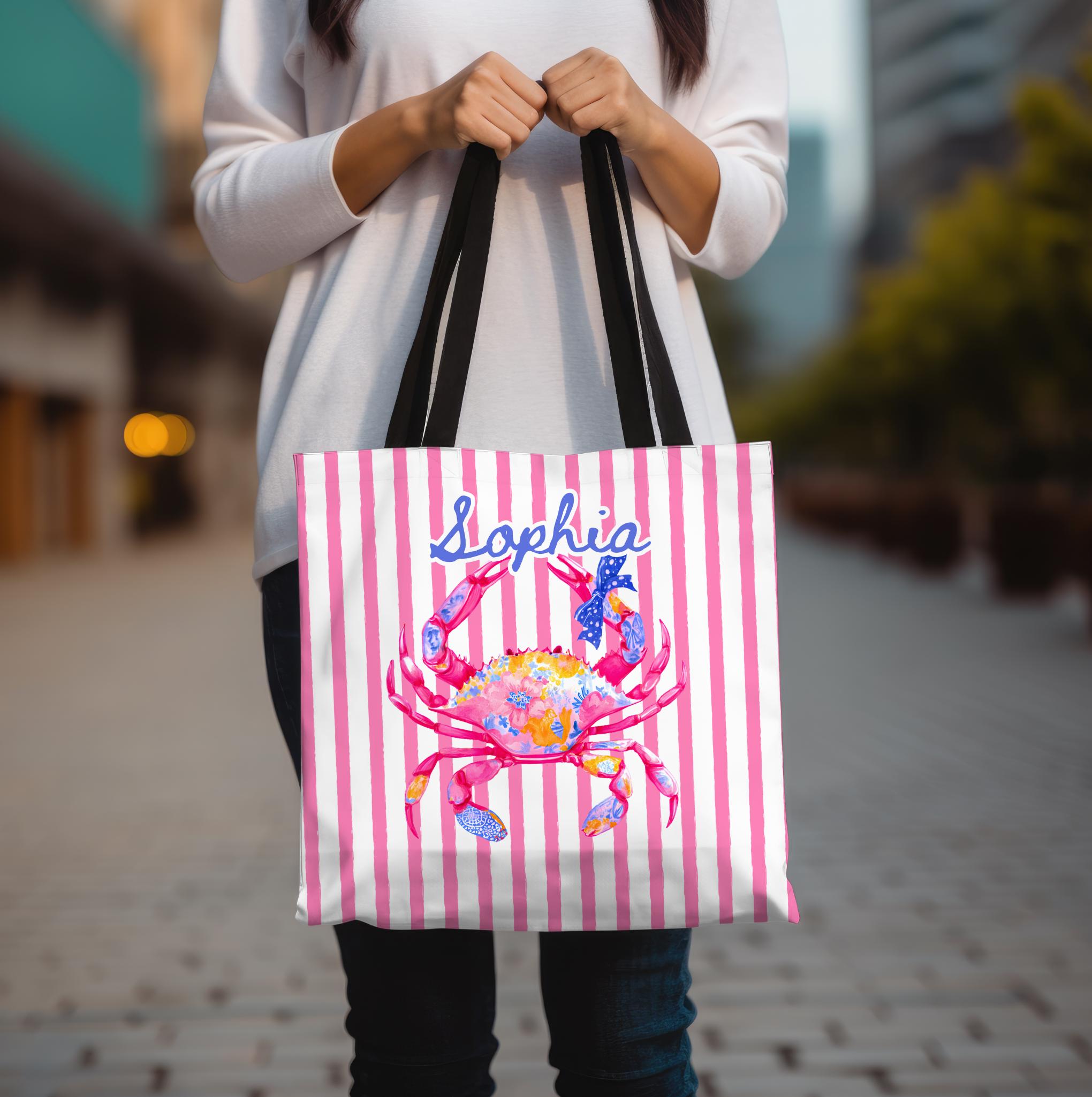 Personalized Preppy Crab Tote Bag Pink Striped Summer