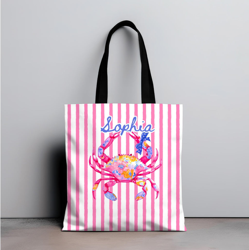 Personalized Preppy Crab Tote Bag Pink Striped Summer