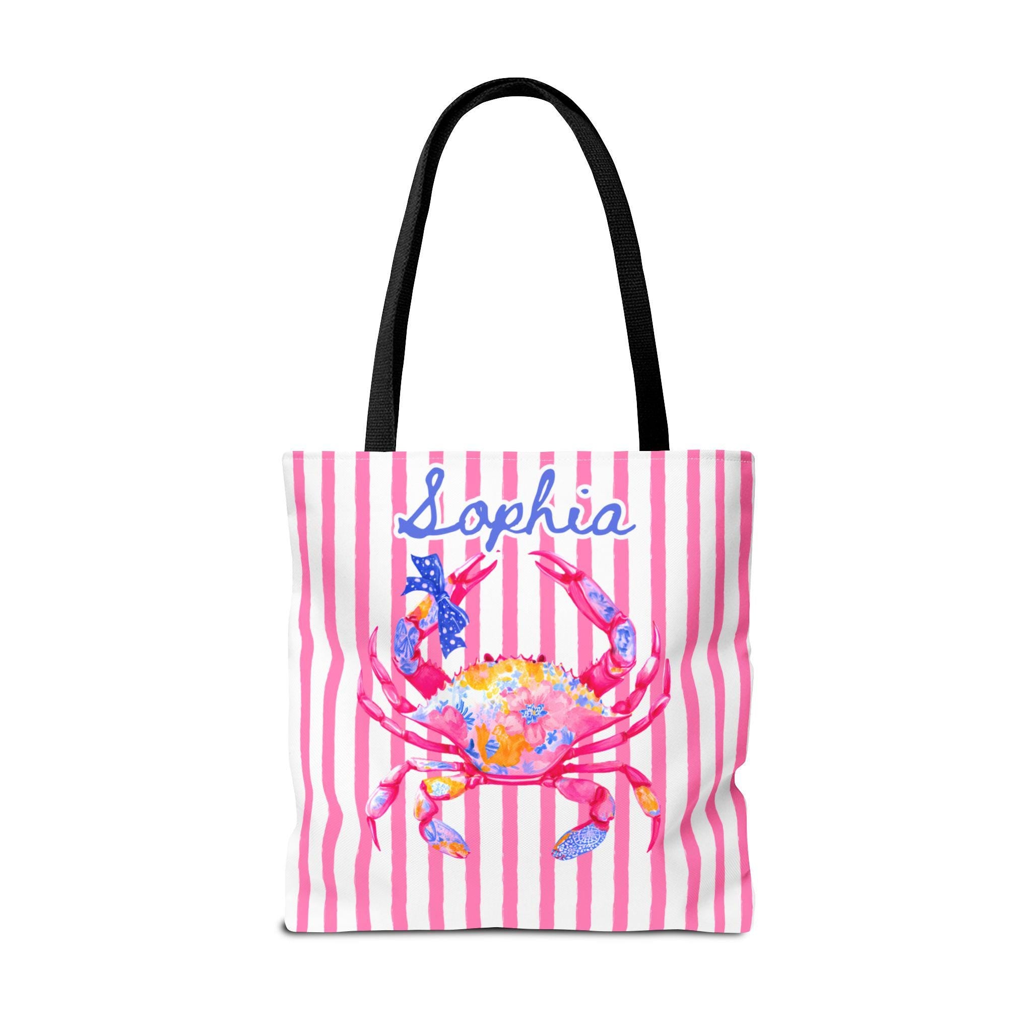 Personalized Preppy Crab Tote Bag Pink Striped Summer