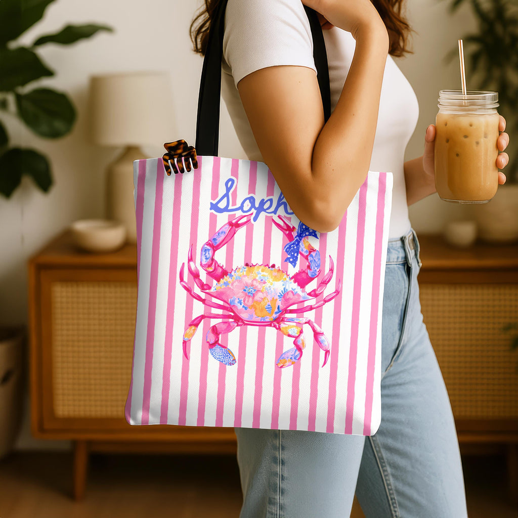 Personalized Preppy Crab Tote Bag Pink Striped Summer