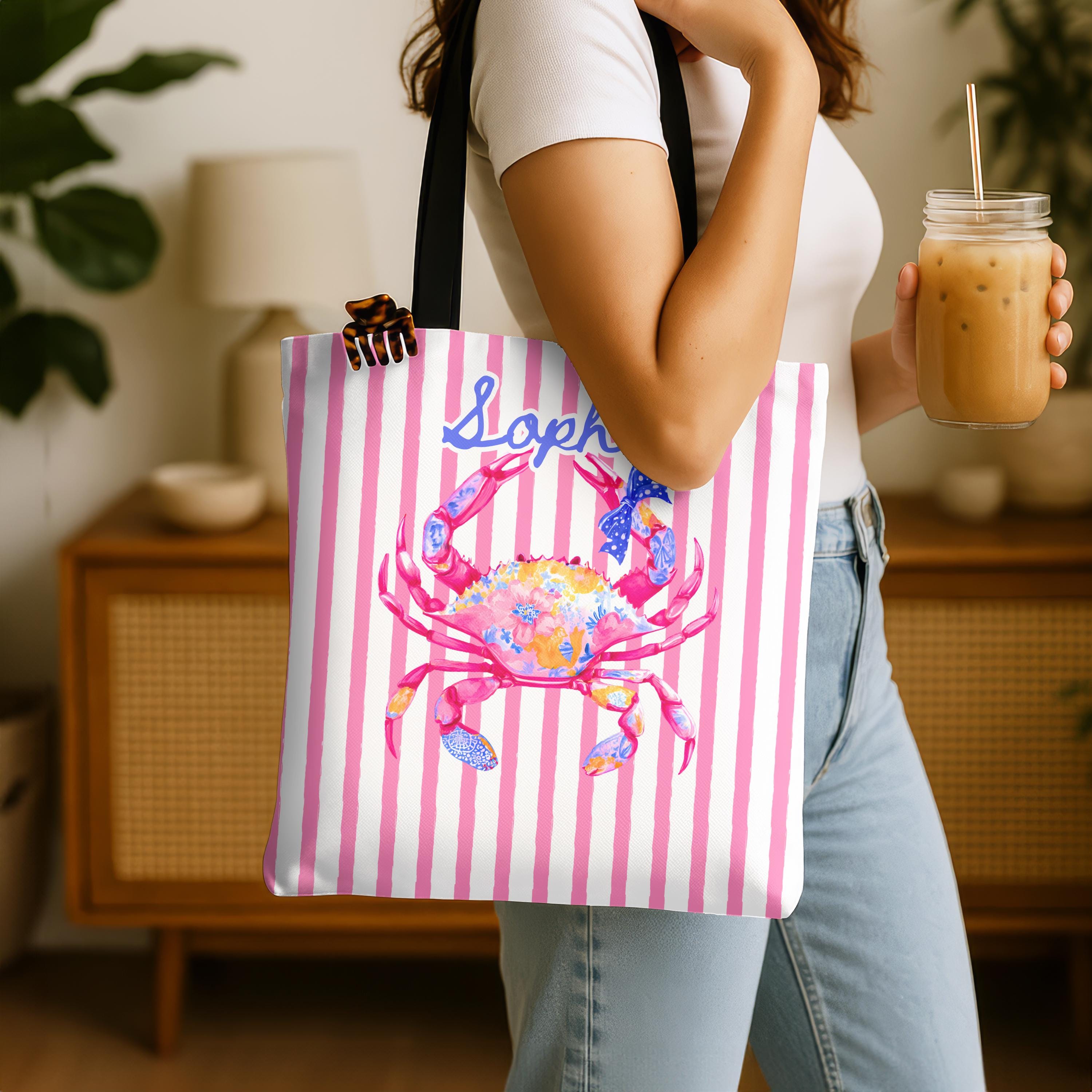 Personalized Preppy Crab Tote Bag Pink Striped Summer