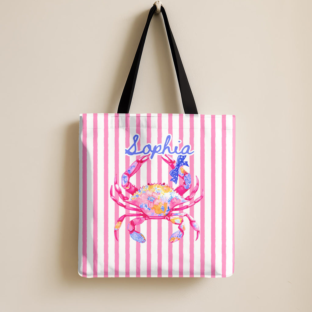 Personalized Preppy Crab Tote Bag Pink Striped Summer