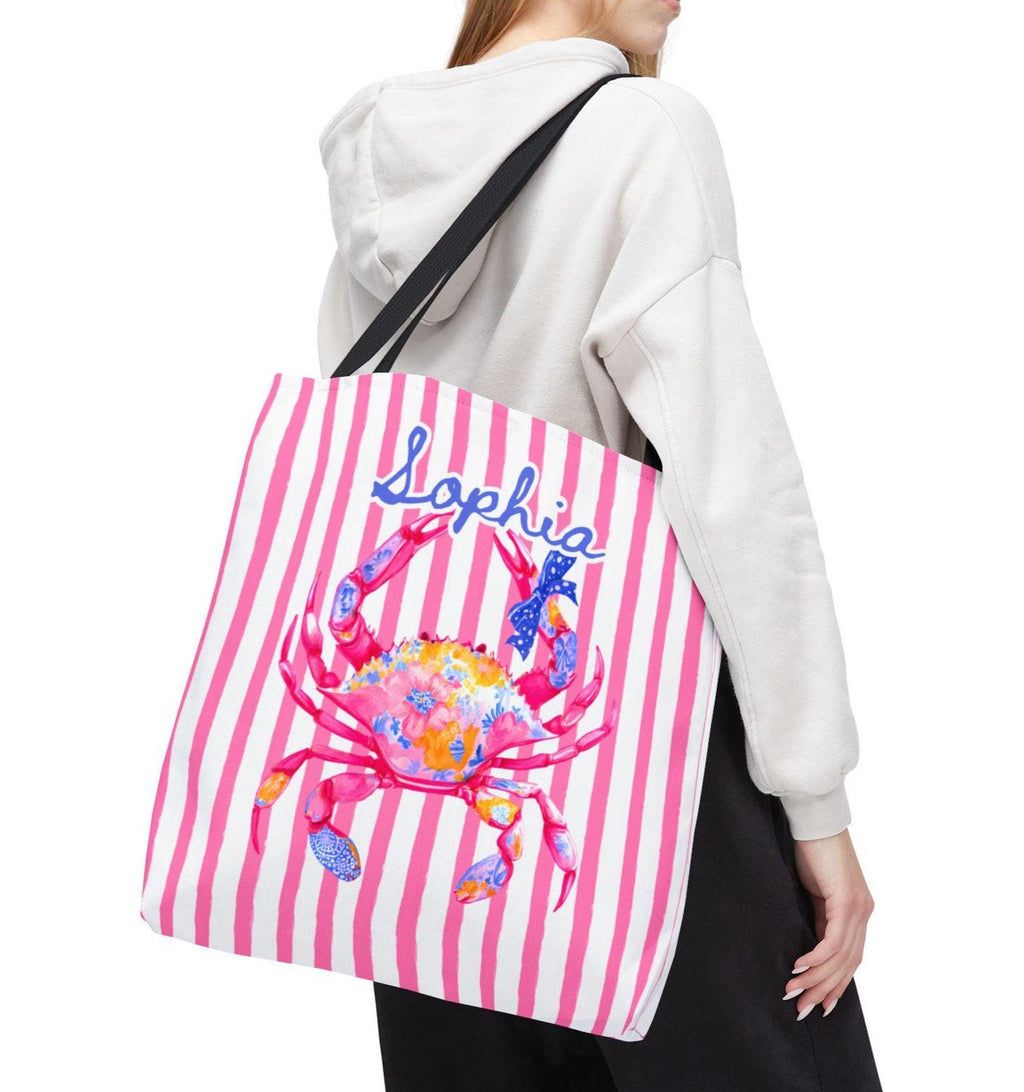 Personalized Preppy Crab Tote Bag Pink Striped Summer