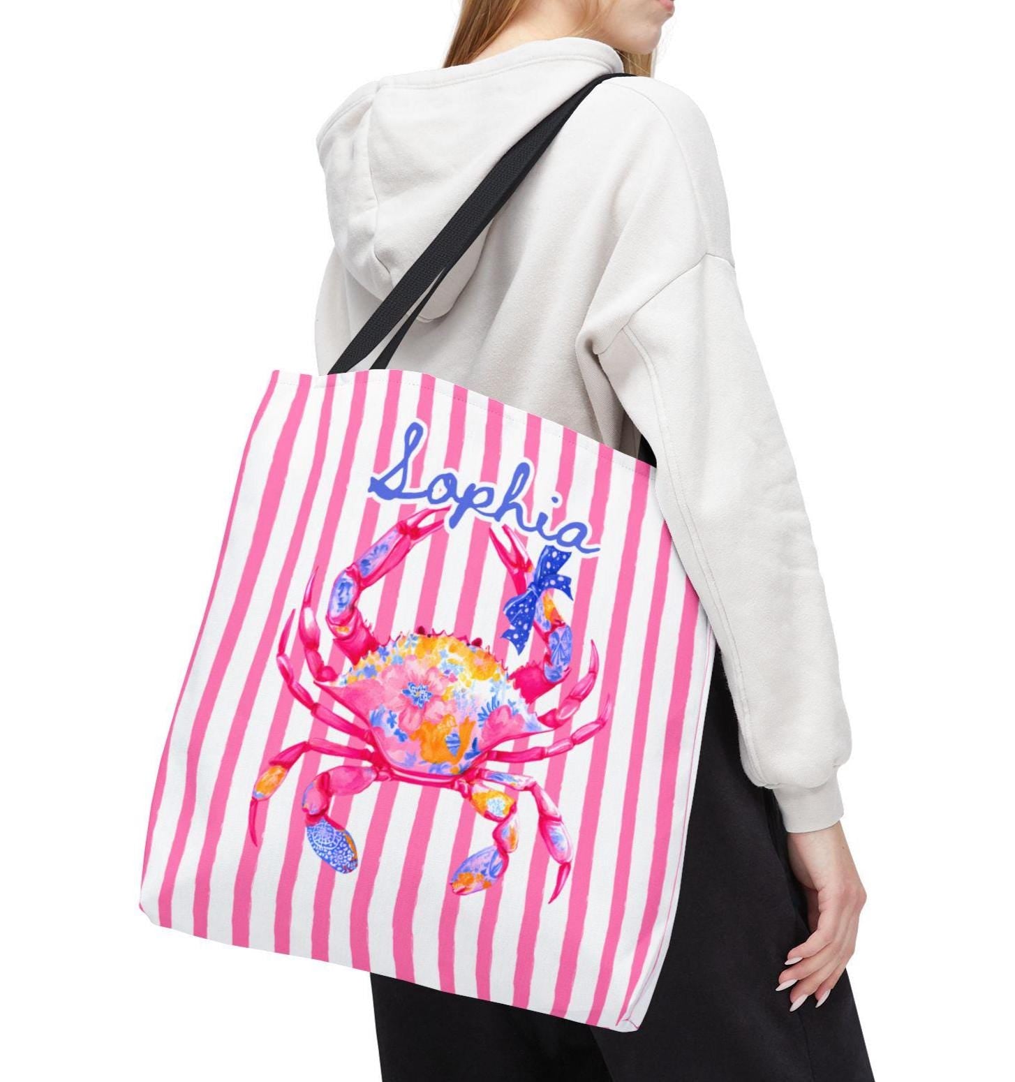 Personalized Preppy Crab Tote Bag Pink Striped Summer
