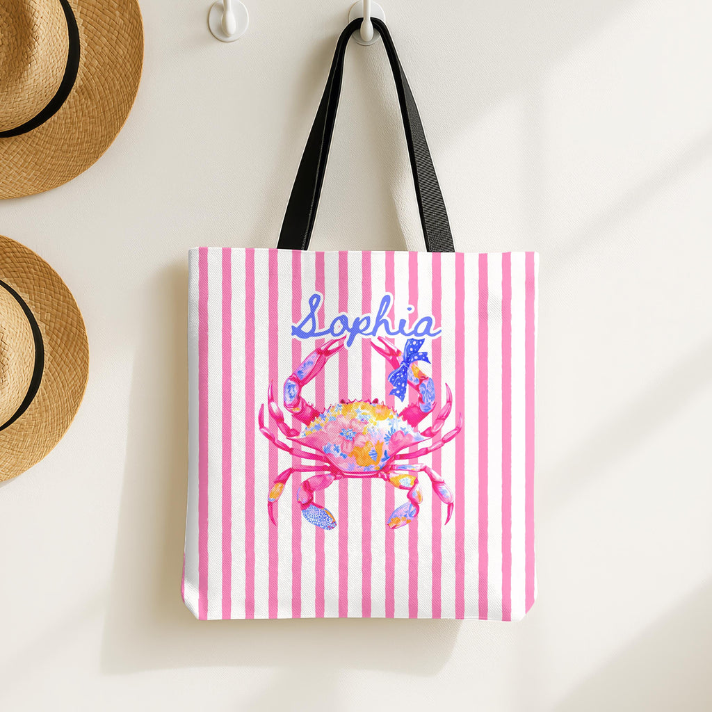 Personalized Preppy Crab Tote Bag Pink Striped Summer