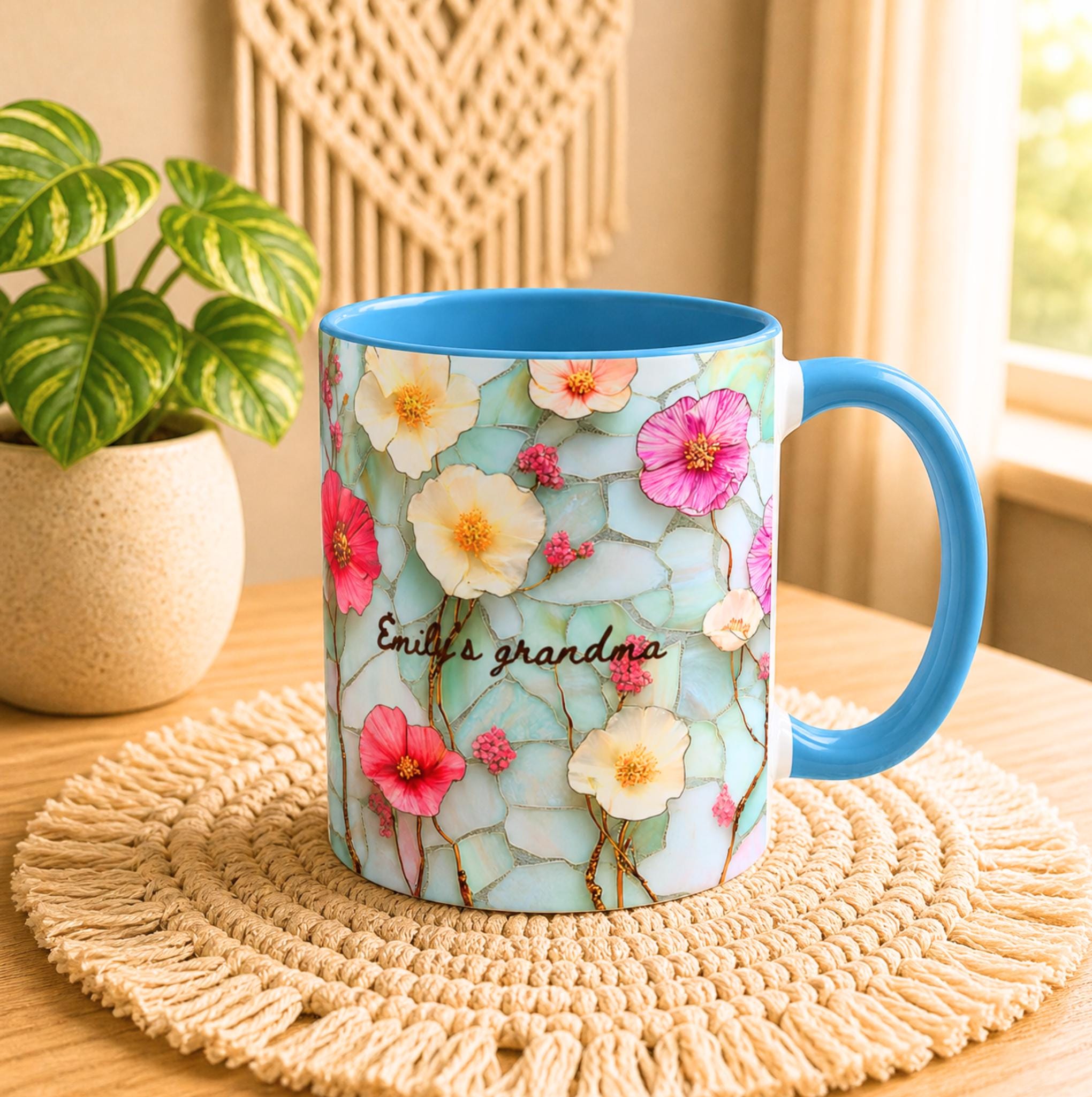 Personalized Floral Ceramic Grandma Mug Custom Grandchild Name Coffee Cup