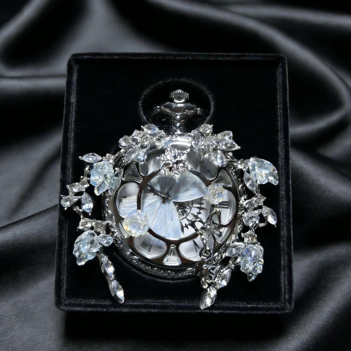 Oryeia Real White Morpho Butterfly Wing Pocket Watch Necklace