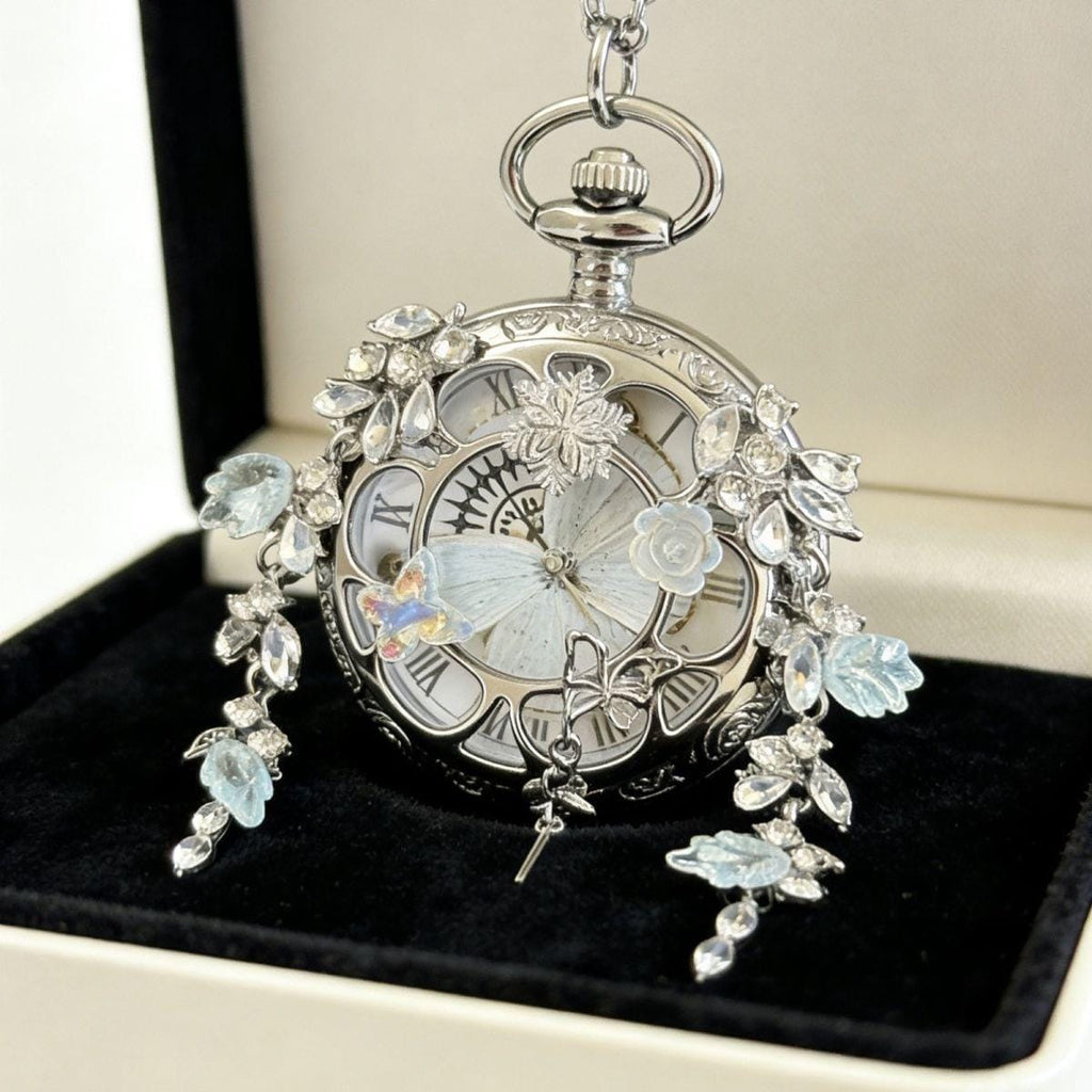Oryeia Real White Morpho Butterfly Wing Pocket Watch Necklace