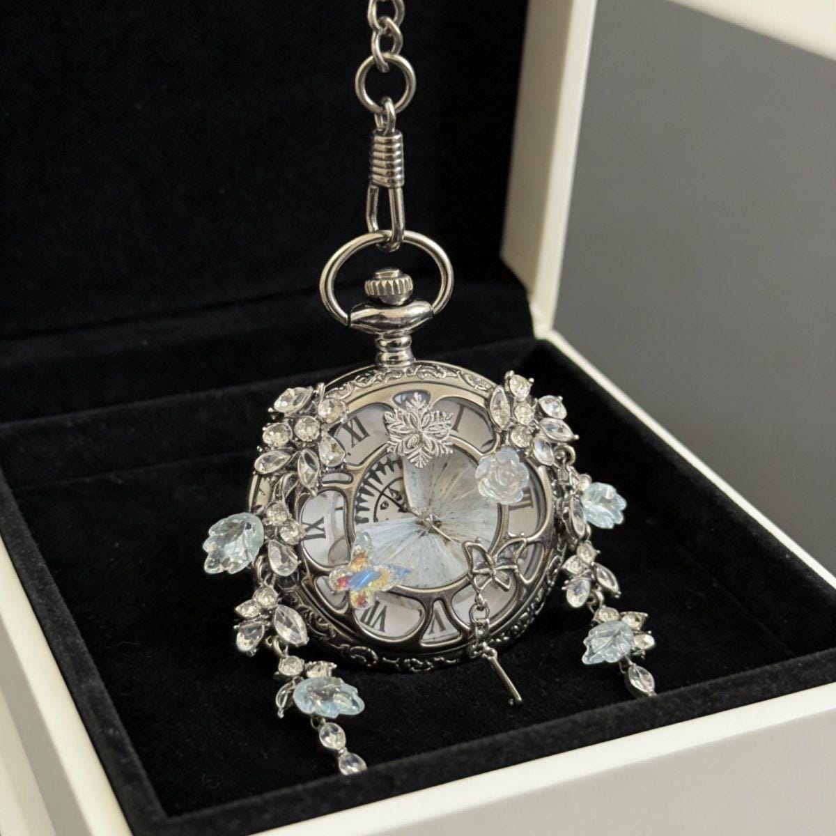 Oryeia Real White Morpho Butterfly Wing Pocket Watch Necklace