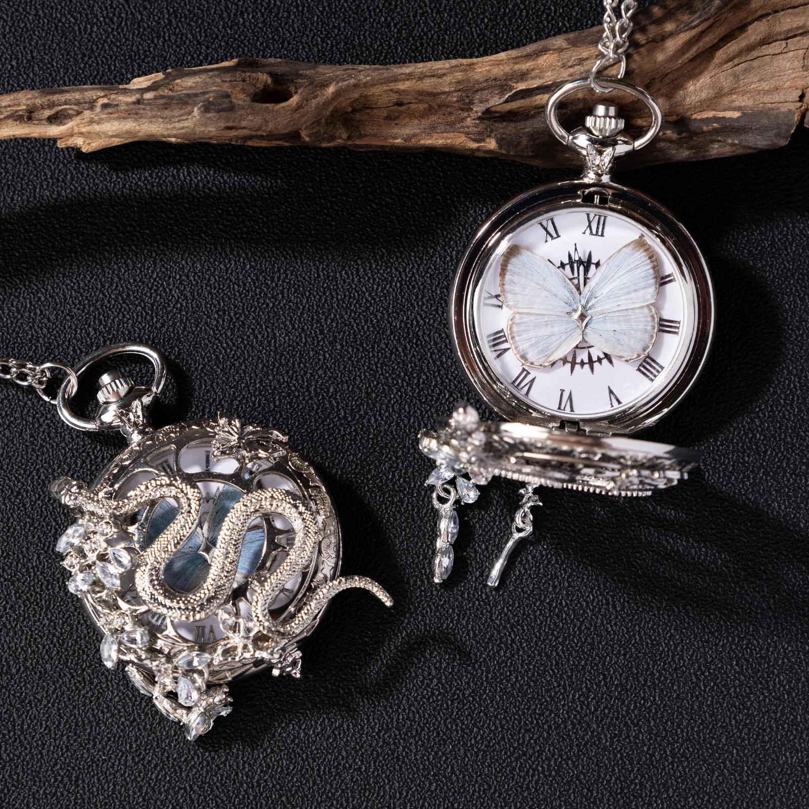 Oryeia Handmade Snake & Butterfly Specimen Gothic Pocket Watch