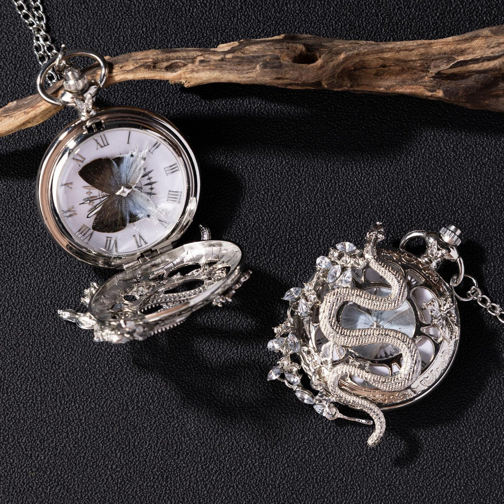 Oryeia Handmade Snake & Butterfly Specimen Gothic Pocket Watch