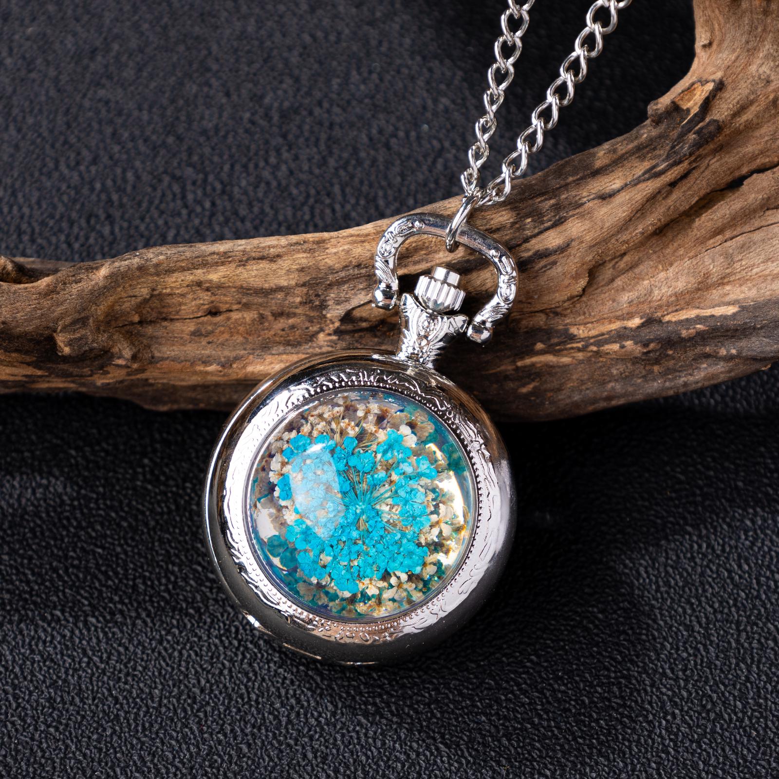 Oryeia Preserved Flower Pocket Watch Necklace Handcrafted Resin Dome